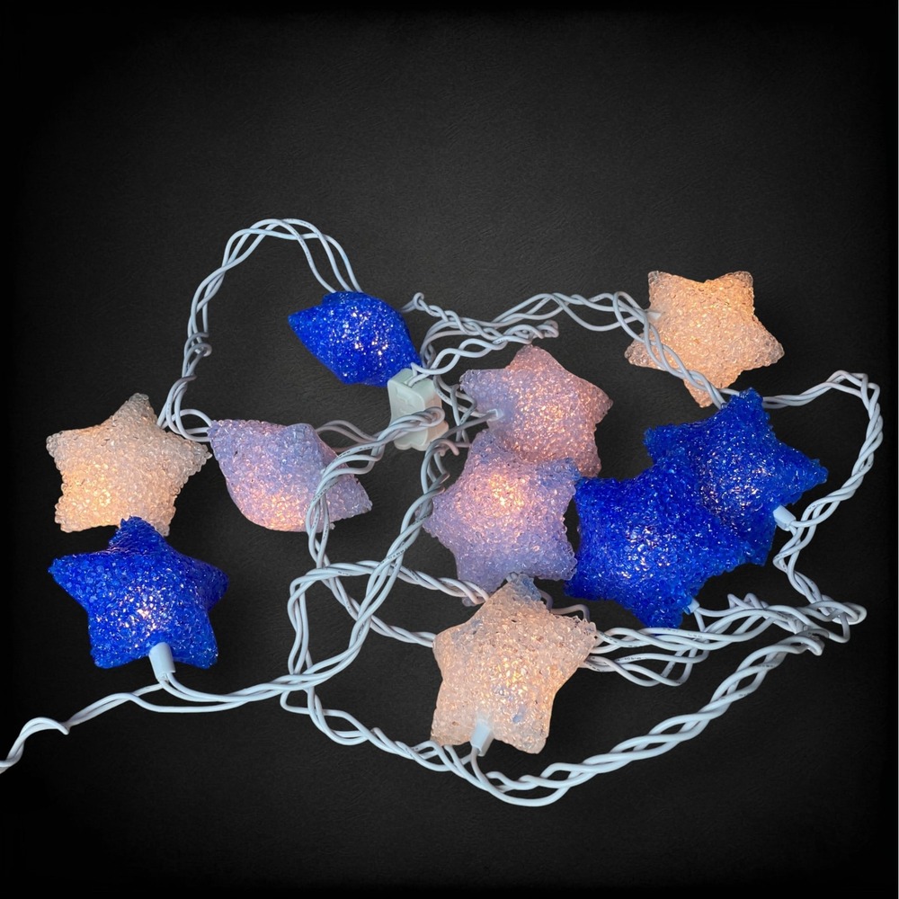 Vintage Melted Plastic Star String Lights 8ft Blue White Americana Décor
